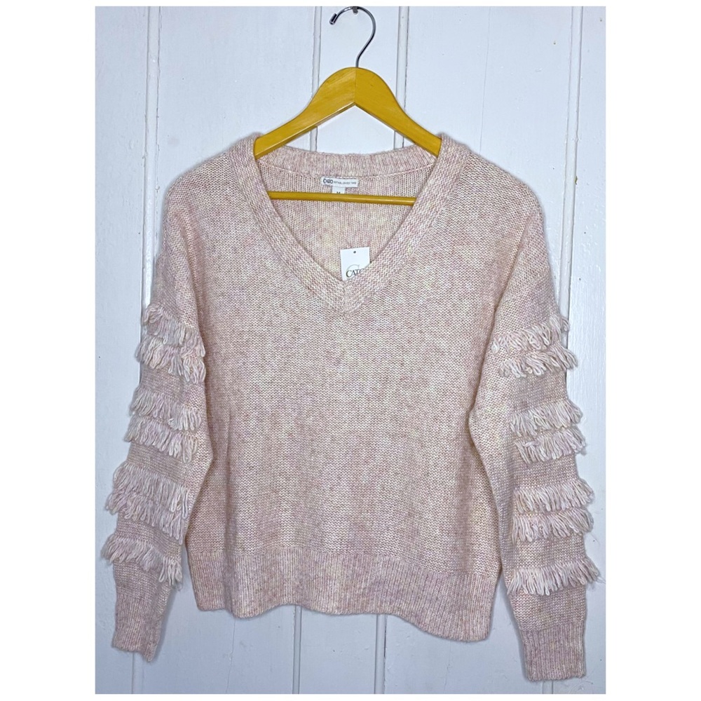 NWT : Cato : size : M : pink & cream v-neck ribbed tassel barbiecore sweater top